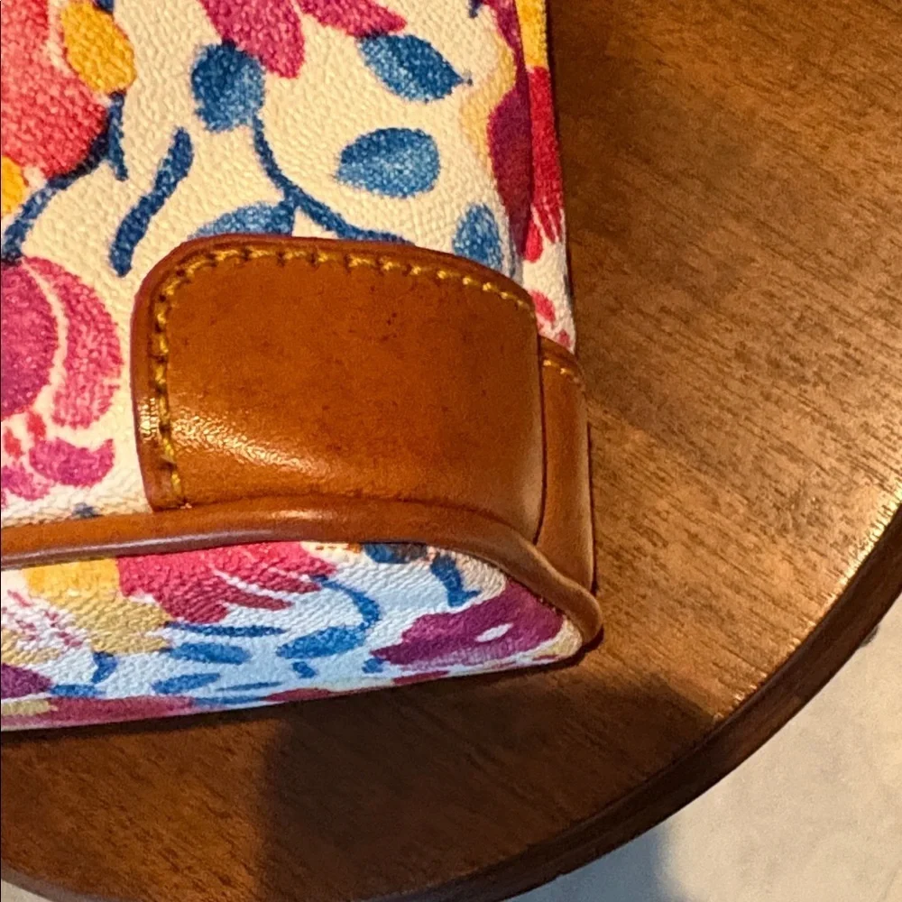 Dooney & Bourke Pink & Red Floral Crossbody Bag/tan leather trim S-M size EUC